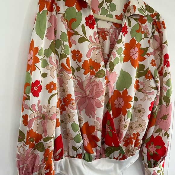 Fab’rik Fabrik Ivory Floral Print Long Sleeve Bodysuit Blouse Size Large - Picture 8 of 16